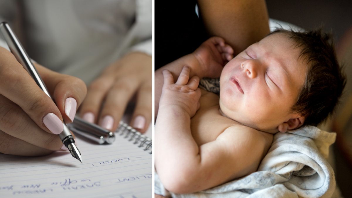 Nyfödd och händer som skriver.